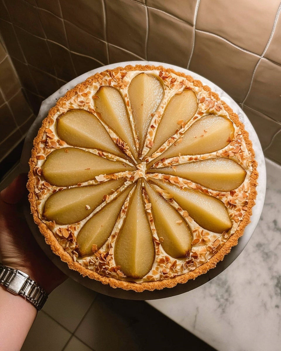 A round tart with a golden-brown crust holds eight evenly spaced slices of yellow pear arranged like flower petals radiating from the center, each slice showing smooth, slightly shiny texture. Between the pear slices, there are light brown toasted almond flakes scattered on a creamy light filling. The tart sits on a white marbled surface, and a woman's hand wearing a wristwatch is holding it from below, with shiny beige tiles in the background. Photo taken with an iphone --ar 4:5 --v 7