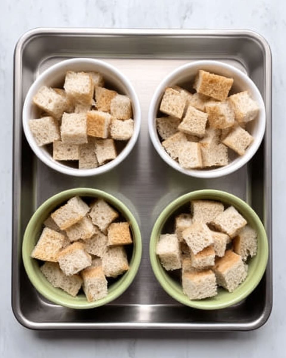 The image shows four small white bowls placed inside a metal tray on a white marbled surface. Each bowl is filled with light brown bread cubes, evenly cut and stacked to fill the bowls. The top two bowls are white, while the bottom two bowls, although originally green, appear as white bowls with the same bread cube filling. The metal tray has a simple, clean design and contrasts with the bright, soft texture of the bread cubes. photo taken with an iphone --ar 4:5 --v 7