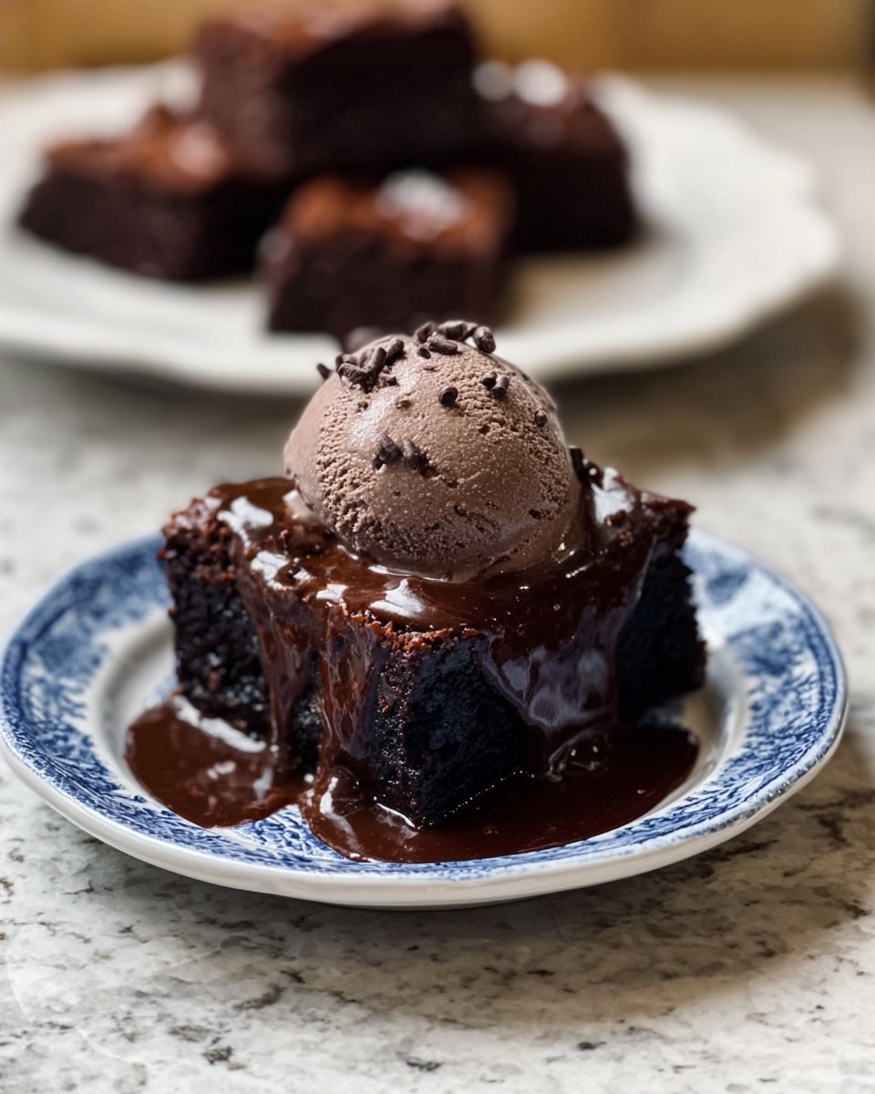 The image shows a square piece of dark chocolate cake with a thick, glossy chocolate sauce dripping down its sides on a small white plate with blue pattern edges. On top of the cake, there is a scoop of dark chocolate ice cream with a slightly rough texture, sprinkled with small chocolate shavings. The plate is placed on a white marbled countertop. In the background, there is a slightly blurred white plate with more brownies stacked. photo taken with an iphone --ar 4:5 --v 7