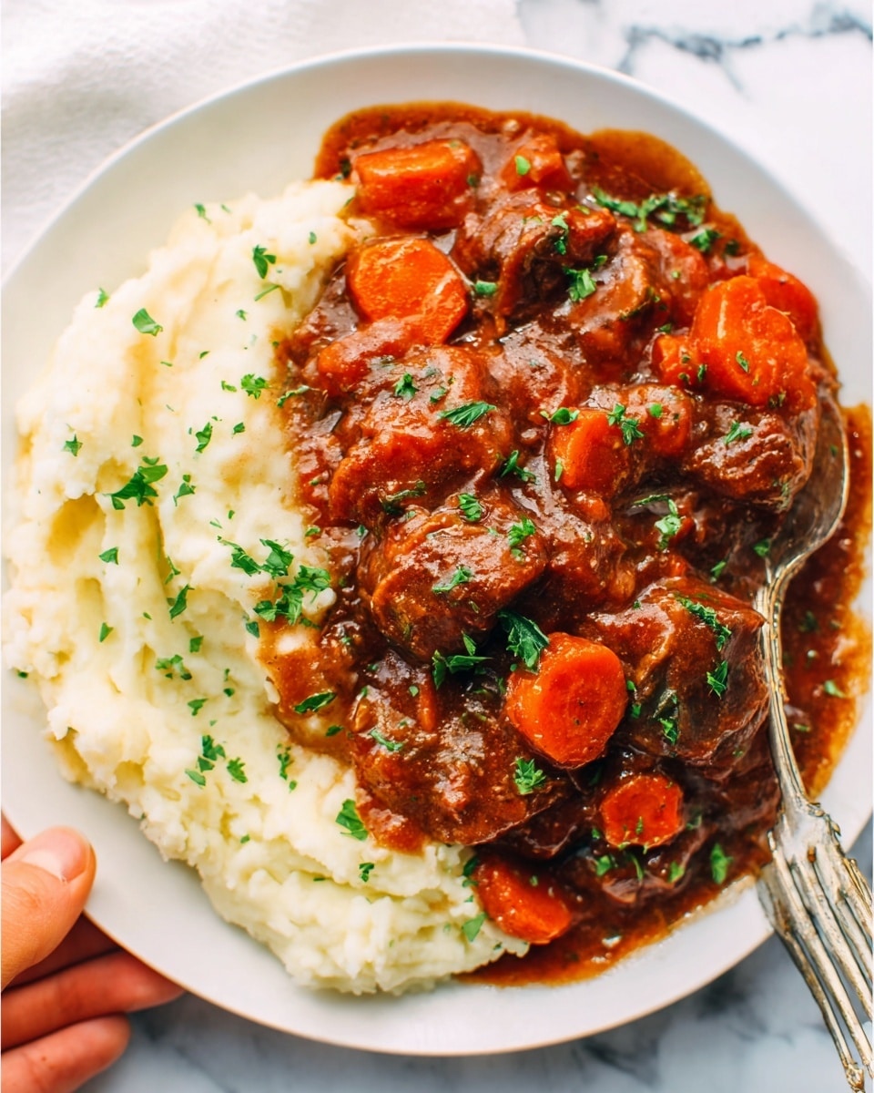 The image shows a white plate filled with creamy mashed potatoes on one side and a thick, rich brown stew on the other. The stew contains chunks of tender meat and bright orange carrot slices, all covered in a glossy sauce with visible small green parsley bits sprinkled on top. The mashed potatoes have a smooth, fluffy texture, and the stew looks hearty with sauce pooling slightly around the edges of the potatoes. A woman's hand holds a fork resting on the plate’s edge. The background is a white marbled surface. Photo taken with an iphone --ar 4:5 --v 7