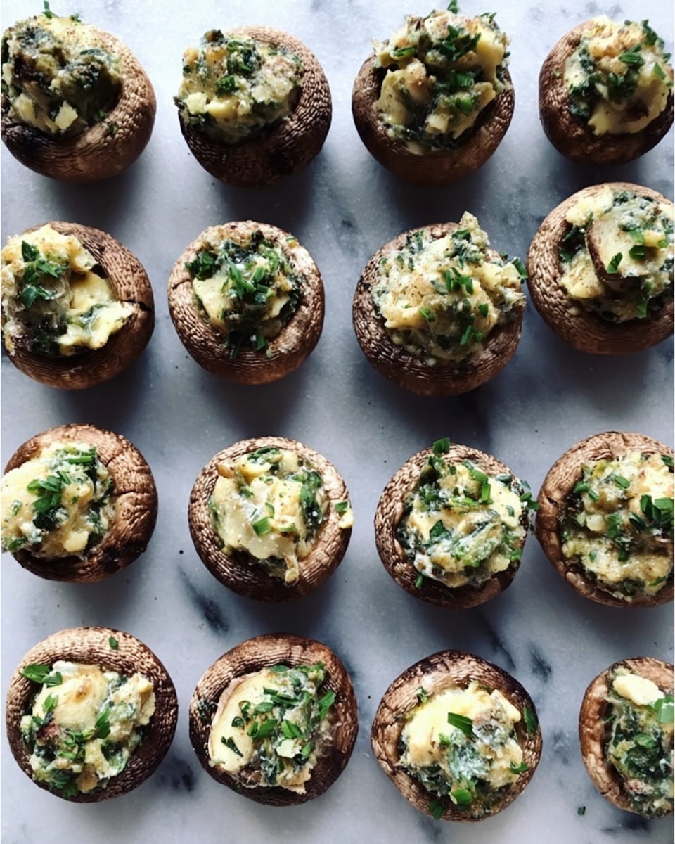 The image shows a white marbled surface covered with multiple round mushroom caps filled with a creamy mixture. Each mushroom is similar in size and has a brown cap with a textured, slightly uneven surface. The filling is light yellow and creamy, mixed with small green pieces of herbs. The mushrooms are spaced evenly in a loose grid pattern. The photo taken with an iphone --ar 4:5 --v 7