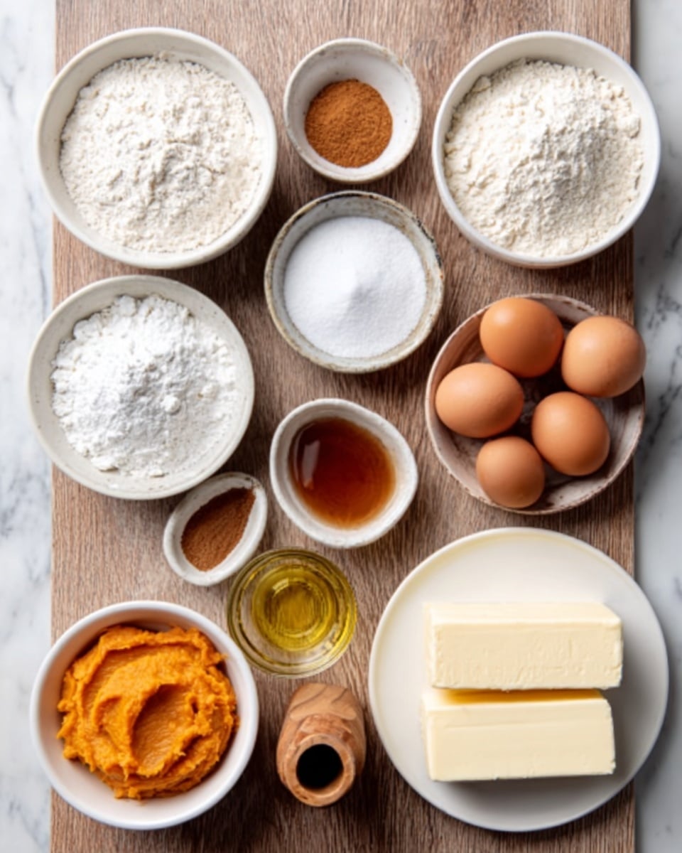 The image shows a wooden table with several white bowls and plates arranged neatly. Starting from the top left, there is a white bowl with a white powdery ingredient, possibly flour, followed by another white bowl filled with a different flour. Below them, there are smaller white bowls containing salt, cinnamon powder, and baking powder. In the center, a white bowl contains three brown eggs, next to it is a bowl with bright orange pumpkin puree. To the right, there is a small container with a brown liquid, likely vanilla extract, and a wooden holder with a brown spice. On the bottom right is a white plate holding two thick sticks of butter and a block of cream cheese. A clear glass bowl with golden oil is placed in the middle at the bottom. The background is a white marbled surface. The photo taken with an iphone --ar 4:5 --v 7