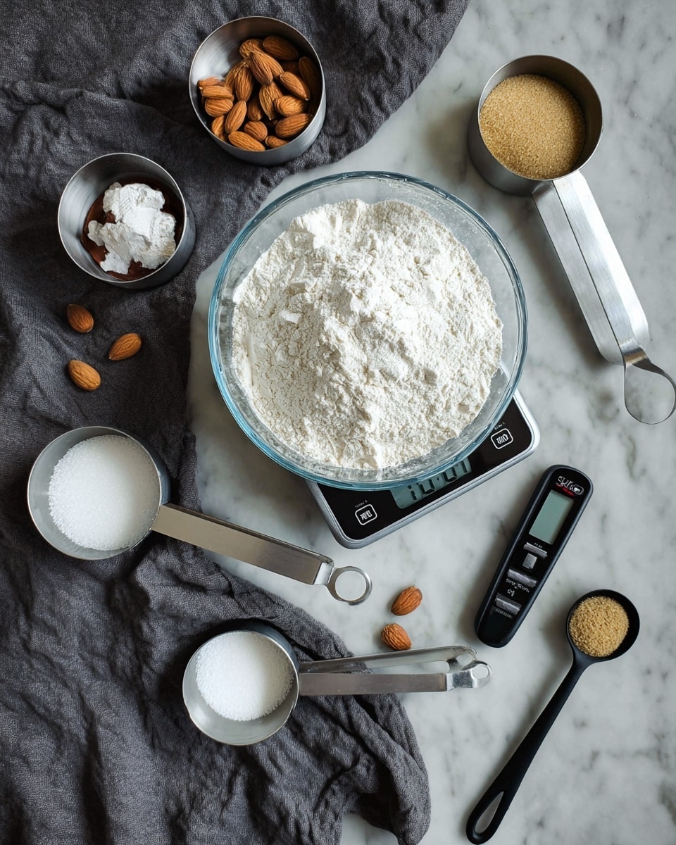 The image shows a clear glass bowl filled with white flour placed on a digital scale displaying