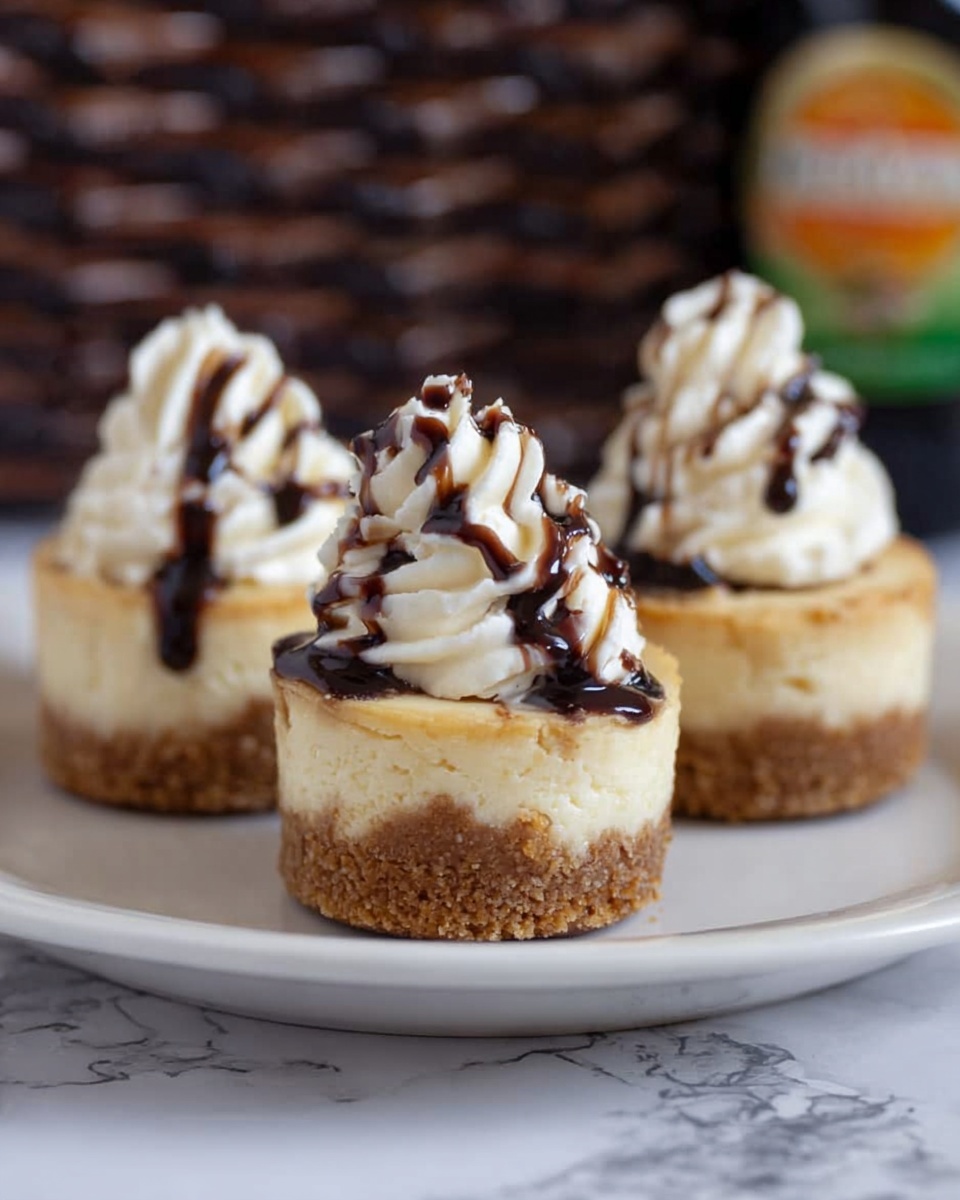 Boozy Baileys Mini Cheesecakes Recipe 4 The image shows three mini cheesecakes on a white plate. Each cheesecake has three layers: the bottom layer is a thick, light brown crumbly crust, the middle layer is a creamy pale yellow cheesecake, and the top layer is a dollop of white whipped cream with smooth swirls. Drizzled over the whipped cream are thin lines of dark chocolate sauce. The background is softly blurred with a dark woven texture and a small part of a bottle visible. The plate sits on a surface with a white marbled texture. photo taken with an iphone --ar 4:5 --v 7