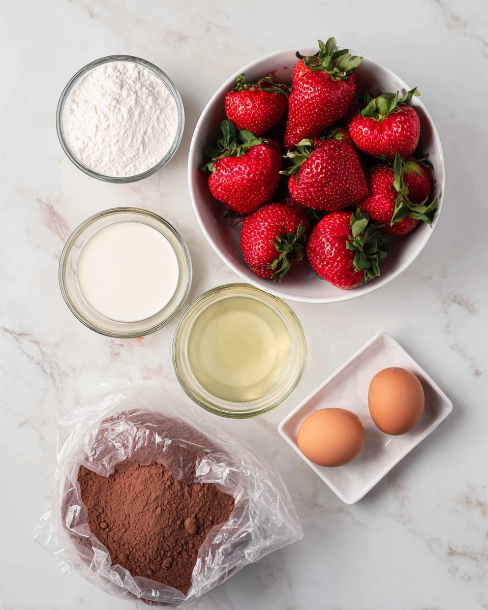 Santa Hat Brownies Recipe 4 A top view of a collection of baking ingredients on a white marbled surface: a white bowl filled with bright red strawberries with green tops in the center, above it three glass measuring cups arranged in a small arc with cream-colored liquid, clear liquid, and pale yellow liquid; to the left of the strawberries is a small white bowl with white powder, and to the right is a small white square dish with two brown eggs. In the bottom foreground, a crumpled plastic bag filled with cocoa powder lies flat. photo taken with an iphone --ar 4:5 --v 7