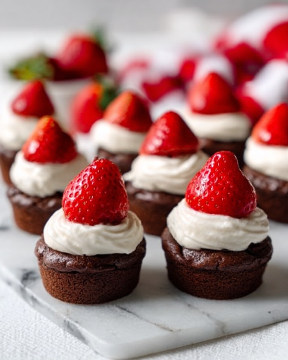 Santa Hat Brownies Recipe 5 The image shows a row of eight small chocolate cupcakes on a white marbled surface. Each cupcake has a dark brown base with a smooth, shiny texture. They are topped with a layer of white cream, which looks soft and fluffy. On top of the cream, there is a bright red strawberry placed with the pointed end facing up. The background has a red and white blurred cloth adding a cozy feel to the scene. photo taken with an iphone --ar 4:5 --v 7