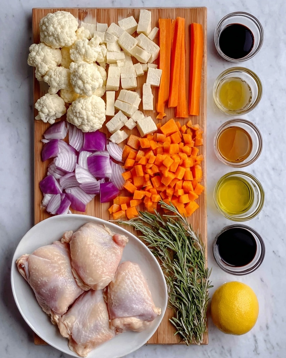 The image shows a wooden board on a white marbled surface with neatly arranged cut vegetables and tofu. On the board, starting from the top left, there are pale white cauliflower florets, next to small cubes of light beige tofu, and thin, long orange carrot sticks to the right. Below, from left to right, are small diced bright orange carrots, wedges of purple and white onion, and several small glass containers filled with dark brown, light golden, and olive green liquids lined up vertically on the right side. On the white marbled surface below the board, there is a white oval plate with four raw chicken thighs, pale pink in color with skin showing, placed on the plate. A lemon, garlic bulb, and fresh sprigs of rosemary are also nearby. Photo taken with an iphone --ar 4:5 --v 7