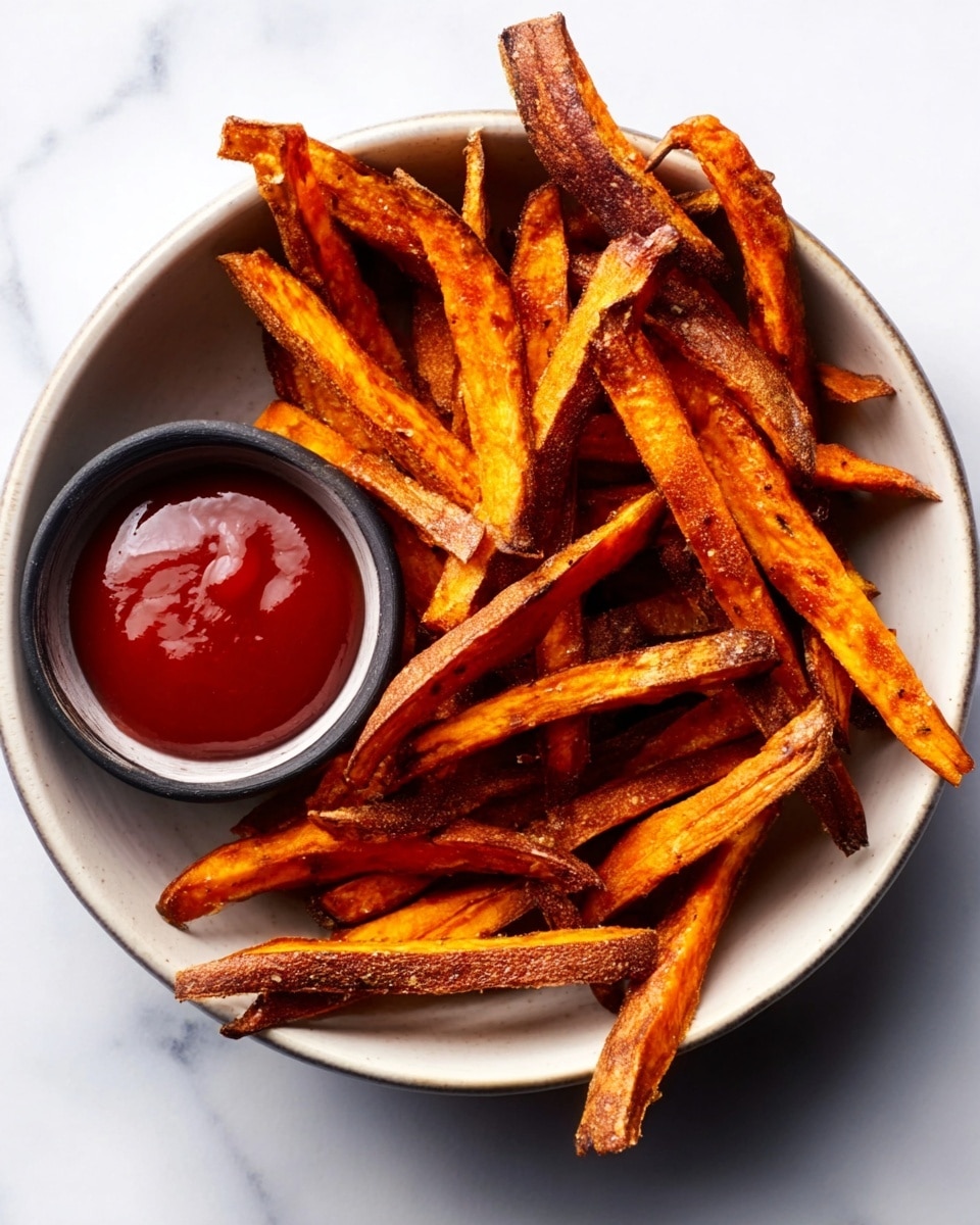 The image shows a white bowl filled with crispy, golden-brown sweet potato fries stacked unevenly, with some fries darker and more cooked than others, showing a range of orange to deep brown colors and a slightly rough texture. In the bottom left inside the bowl, there is a small container of smooth, bright red ketchup with a shiny surface. The bowl is placed on a white marbled surface. photo taken with an iphone --ar 4:5 --v 7