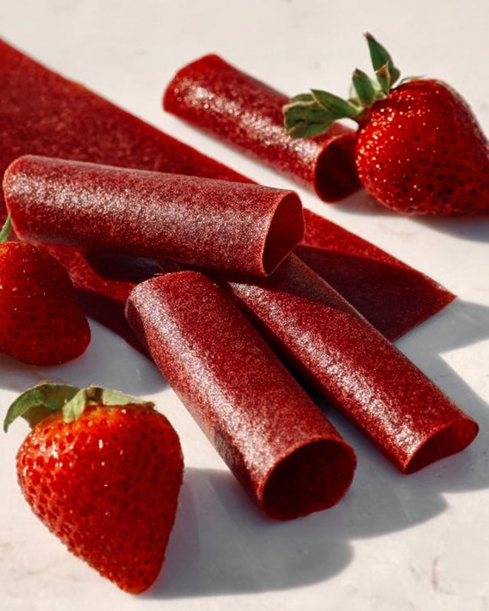 The image shows several thin, rolled strips of deep red fruit leather with a smooth, slightly shiny texture, lying flat on a white marbled surface. Around the fruit leather strips, there are fresh strawberries with green leaves, adding a bright red contrast to the scene. The lighting highlights the shiny texture of the fruit leather and the natural look of the strawberries, giving a fresh and clean vibe. photo taken with an iphone --ar 4:5 --v 7