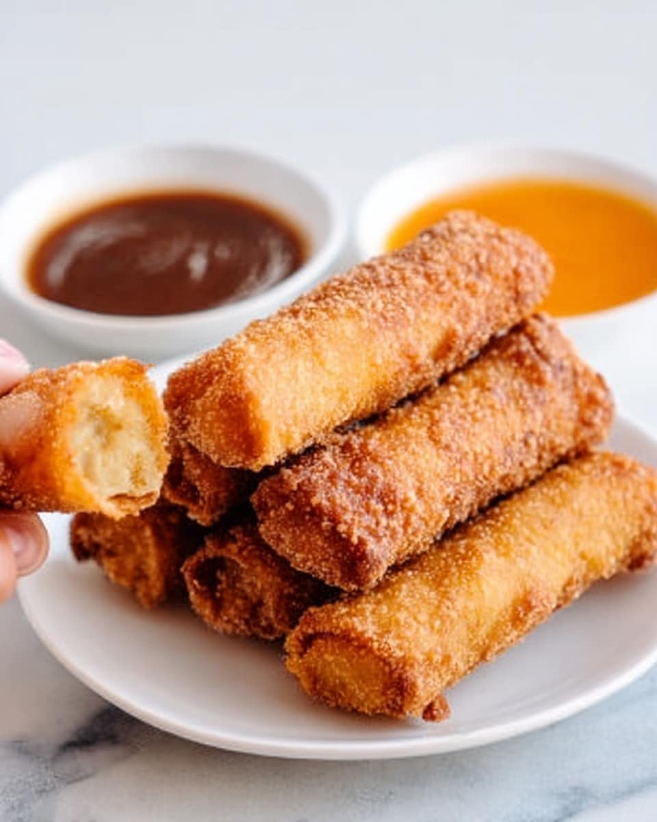 The image shows four golden brown crispy fried rolls stacked on a white plate. The rolls have a rough, crunchy texture with a slightly uneven surface, indicating deep frying. Next to the plate are two small white bowls, one filled with a thick, dark brown sauce and the other with a smooth, bright orange sauce. The background is a white marbled surface, and a woman's hand is gently holding one roll from the stack. photo taken with an iphone --ar 4:5 --v 7