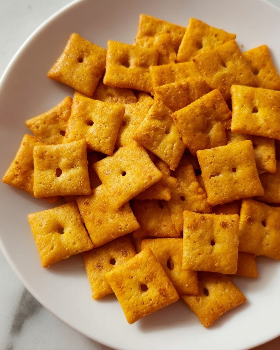 The image shows a close-up of many small, square, golden-yellow crackers with a slightly rough texture and a single hole in the center of each. They are spread unevenly on a white plate, with some crackers overlapping others. The plate sits on a white marbled surface, adding a clean and simple background to highlight the vibrant color and crispness of the crackers. Photo taken with an iphone --ar 4:5 --v 7
