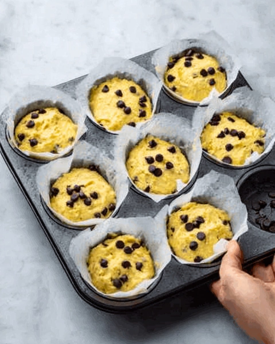 The image shows a black metal muffin tray with six of its cups lined with white parchment paper holding raw yellow muffin batter mixed with dark chocolate chips. Each muffin cup is filled roughly halfway, with batter smooth and dotted with scattered chocolate pieces. A woman's hand is seen placing the tray on a white marbled surface. The whole scene has soft, natural lighting and a clean kitchen feel. Photo taken with an iphone --ar 4:5 --v 7