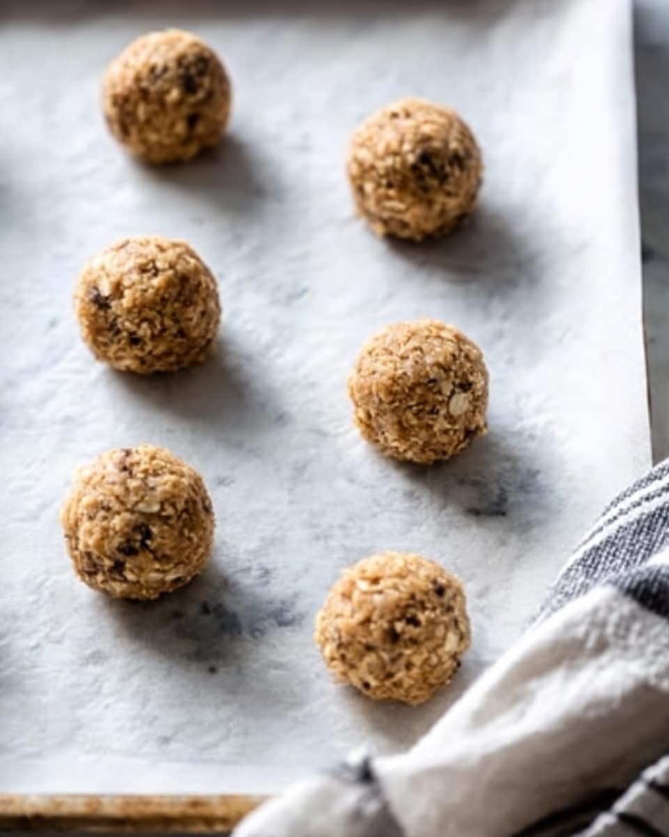 The image shows six round cookie dough balls placed on white baking paper on a white marbled surface. The dough balls have a rough texture with visible chunks and are evenly spaced in two rows of three. Part of a woman's hand and a white cloth with black stripes appear on the right side. The overall lighting is soft and natural, giving a fresh and inviting look. Photo taken with an iphone --ar 4:5 --v 7