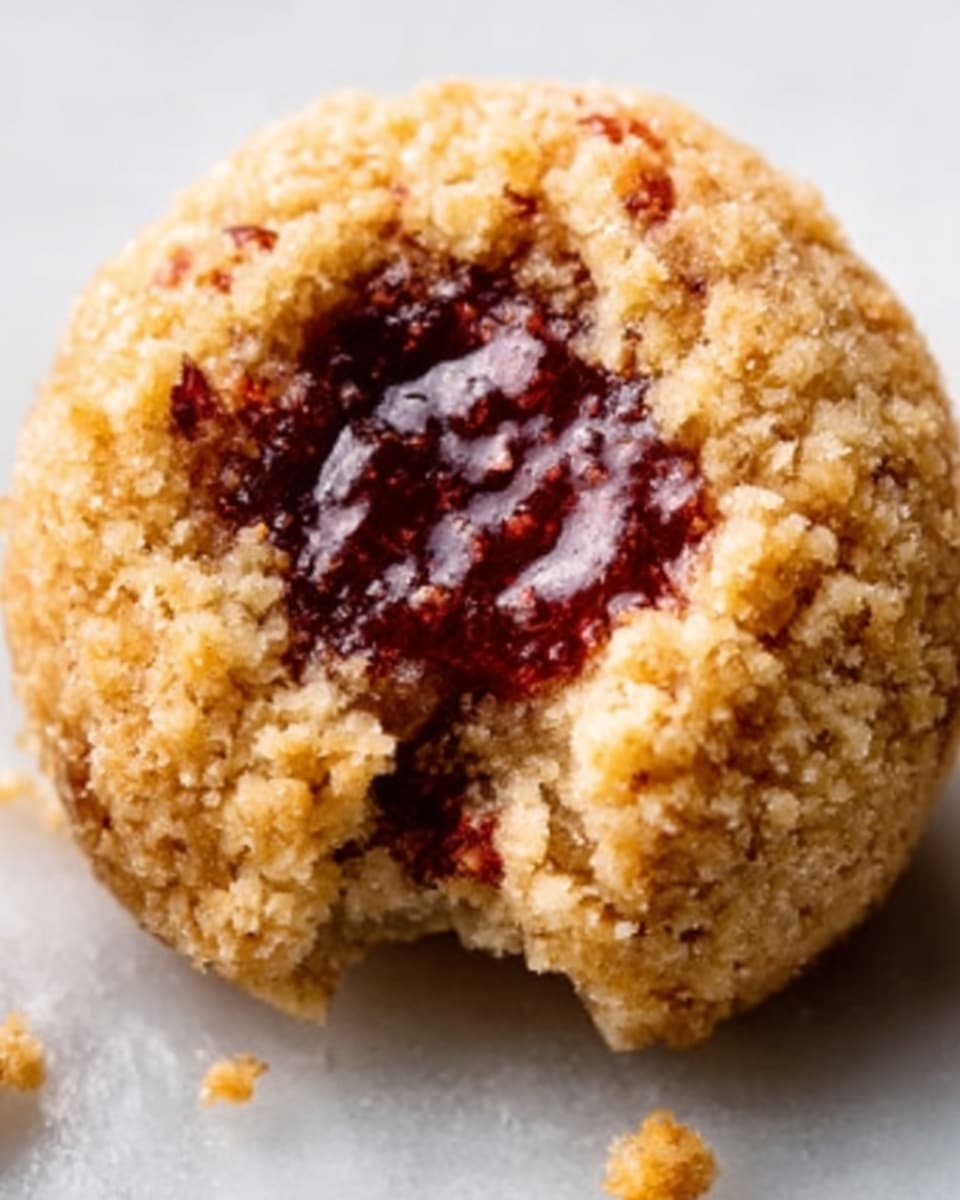 A close-up photo of a round cookie with a crunchy, crumbly light brown outside layer. The cookie is broken open, showing a shiny, dark red jam filling inside. The texture of the cookie looks rough and crumbly with small bits on the surface. The photo is taken on a white marbled background. photo taken with an iphone --ar 4:5 --v 7