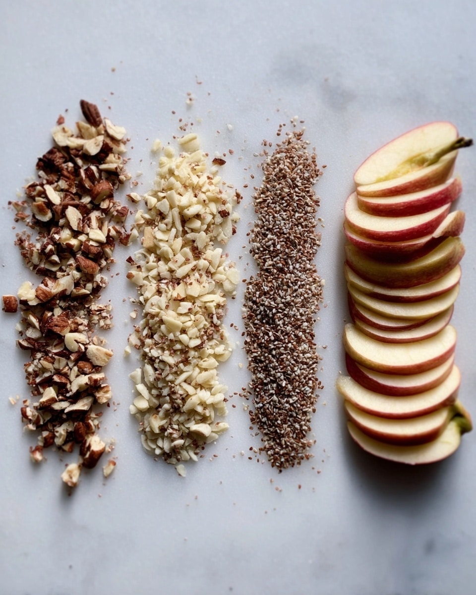 The image shows four neat rows of finely chopped ingredients placed on a white marbled surface from left to right: the first row is a mix of small brown and cream nut pieces with a rough texture, the second row is lighter cream nuts, chopped small, slightly coarser than the first, the third row is thin, light to dark brown flakes or seeds with a finer texture, and the fourth row is a stack of thinly sliced apple pieces with alternating light cream and pinkish-red skin edges, neatly shaped in a curved layered pile. photo taken with an iphone --ar 4:5 --v 7