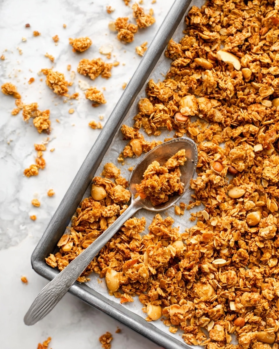 The image shows a metal baking tray filled with a layer of golden brown granola mixed with pieces of nuts, all slightly chunky and crumbly in texture. A silver spoon rests on top of the granola, positioned near the right side of the tray. The tray is placed on a white marbled surface, with scattered bits of granola around it. The granola looks toasted and crunchy with a warm, inviting color. Photo taken with an iphone --ar 4:5 --v 7