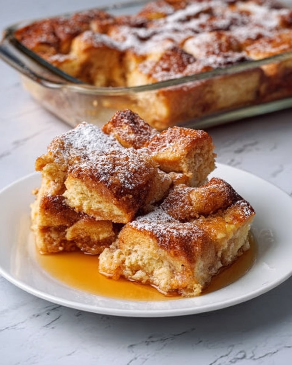 The image shows a white plate with three pieces of a thick, soft bread pudding. The pudding has a golden brown crust on top with a slightly crispy texture and dusted with powdered sugar. Its inside looks soft and moist, with a light tan color and some visible chunks. A golden syrup pools around the base of the pieces on the plate. Behind the plate is a transparent glass baking dish with the remaining pudding, showing a similar golden top with a dusting of powdered sugar, resting on a white marbled surface. Photo taken with an iphone --ar 4:5 --v 7