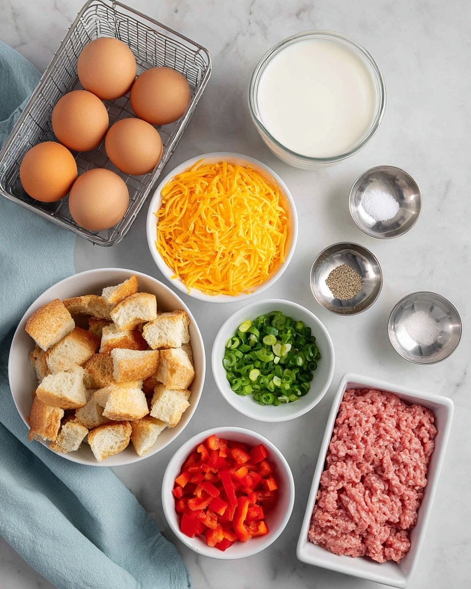 A white bowl filled with many pieces of light brown bread torn into chunks is placed at the center. To the left, a white bowl holds shredded bright orange cheddar cheese, below it is a small white bowl with chopped red bell pepper, and below that another small white bowl contains chopped green onions. On the bottom right, there is a white rectangular dish with raw ground meat that is a mix of pink and white colors. Above the meat dish are two small silver bowls, one with salt and the other with pepper. At the top left, a wire basket holds many brown eggs, next to it is a clear glass filled with white milk. Everything is on a white marbled surface with a pale blue cloth partially visible on the left side. photo taken with an iphone --ar 4:5 --v 7