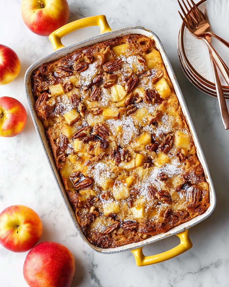 A baked dish in a white rectangular pan with yellow handles sits on a white marbled surface. The dish has a textured top layer made of golden brown and light yellow chunks that look soft and slightly crisp at the edges. Scattered throughout are darker brown pecans and small apple pieces adding uneven shapes and color contrast. Light white powdered sugar is sprinkled across the top unevenly, along with shiny brown syrup drizzled in patches. The pan is surrounded by three red-yellow apples on the left side and two rose gold forks and a stack of white plates on the top right corner. Photo taken with an iphone --ar 4:5 --v 7