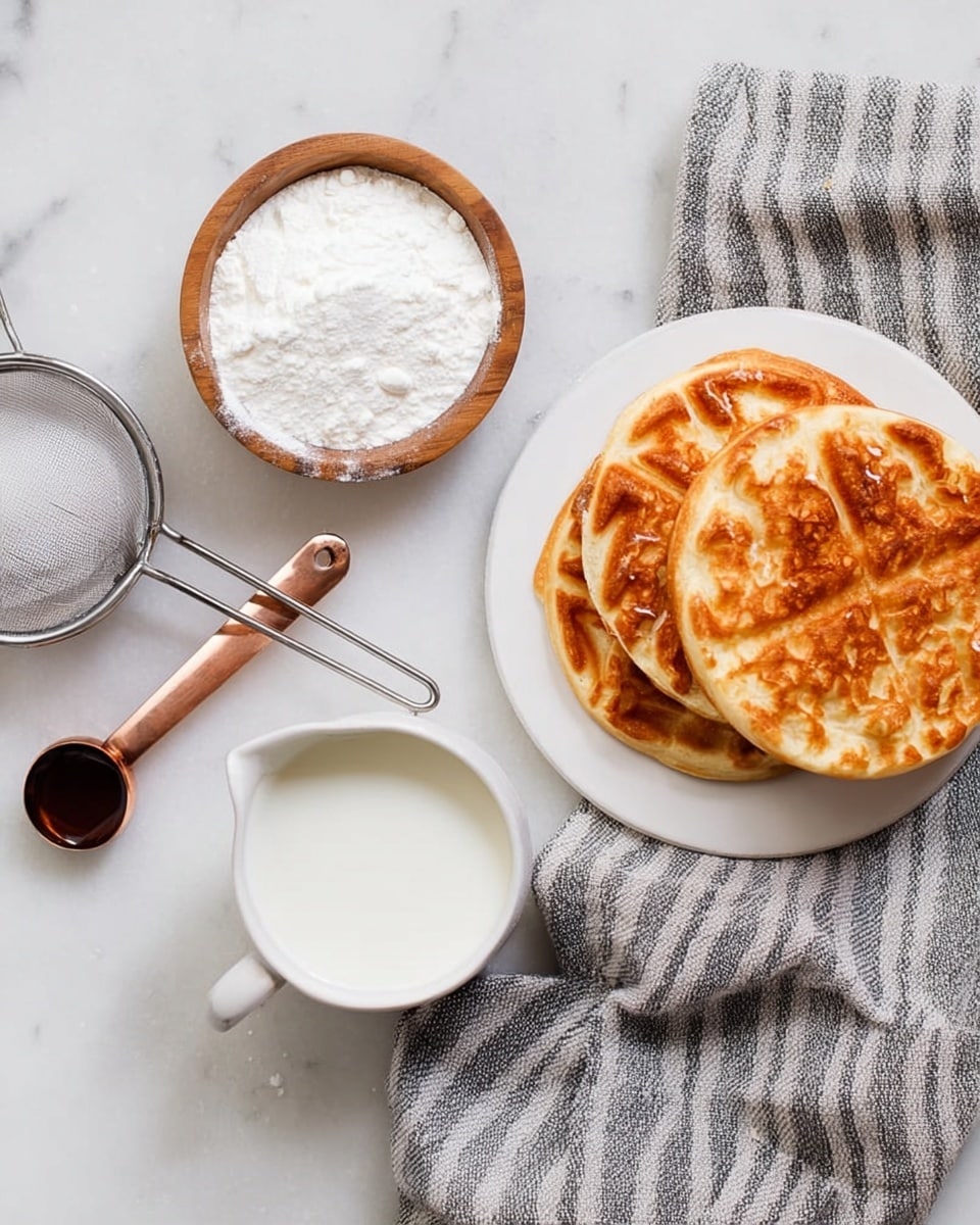 The image shows a white plate on the right side holding three golden brown waffles stacked slightly overlapping, with a soft toasted texture and visible crisp edges. To the left of the plate, there are metal measuring spoons and a metal sifter filled with white flour, with a small wooden bowl containing white sugar nearby. A metal measuring spoon filled with white milk lies next to the sugar, and another small copper scoop with vanilla extract is placed beside it. Everything is arranged on a white marbled surface, with a gray and white striped cloth partially underneath the plate. The setup has a clean and simple look. Photo taken with an iphone --ar 4:5 --v 7