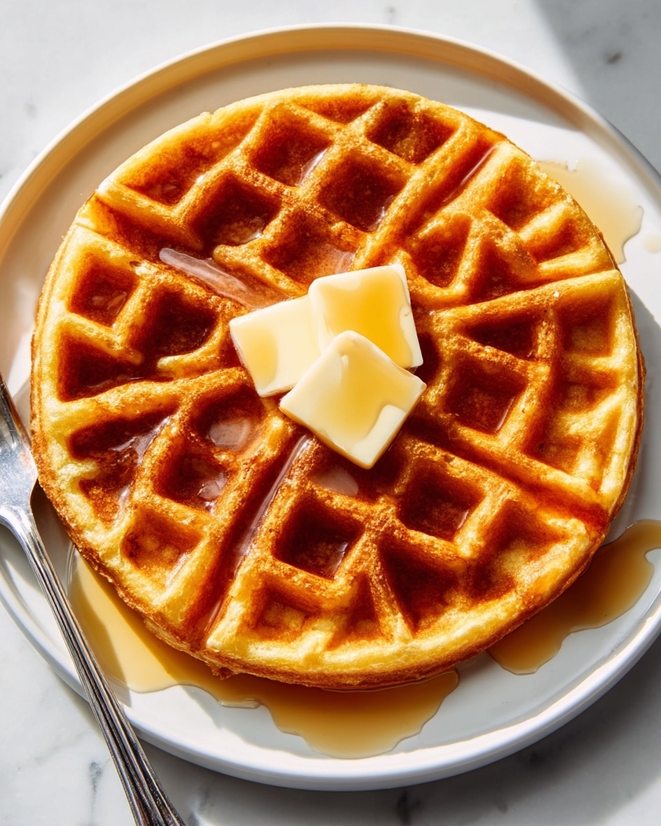A single golden brown waffle with a crisp texture and deep square indentations fills most of a white plate, resting on a white marbled surface. On top of the waffle, there is a yellowish square of melting butter with syrup slowly dripping over it. Next to the butter, closer to the upper right side of the waffle, lies a small, round, dark brown sausage patty with a shiny, slightly glazed surface. The lighting highlights the warm tones and textures of the waffle and toppings photo taken with an iphone --ar 4:5 --v 7