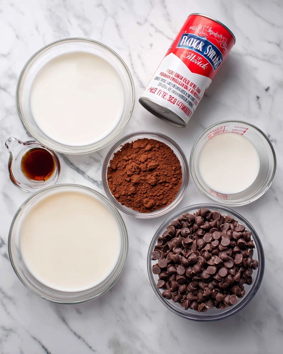 The image shows six containers of ingredients arranged on a white marbled surface. Starting from the bottom left, there is a large clear glass bowl filled with creamy white liquid, next to it on the right is a medium clear glass bowl filled with many small, shiny, dark brown chocolate chips. Above the chocolate chips bowl is a small clear glass bowl filled with cocoa powder, with a rich dark brown color and a powdery texture. To the right of the cocoa powder is a clear measuring cup filled with more creamy white liquid. Above the large bowl on the left is a small clear glass bowl with thick, dark brown vanilla extract inside. Next to the vanilla extract is a red and white can of sweetened condensed milk, positioned slightly tilted with its label clearly visible. All containers are neatly arranged on the surface, creating a clean and organized look. photo taken with an iphone --ar 4:5 --v 7