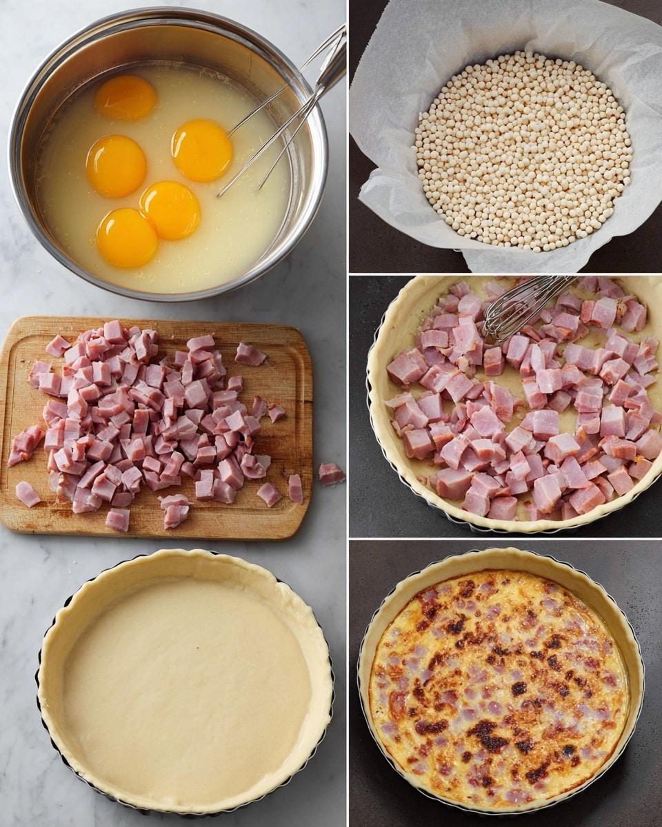 The image shows a step-by-step process of making a savory pie. First, a silver bowl holds five cracked raw eggs with bright yellow yolks. Next, the eggs are whisked into a frothy pale yellow liquid in the same silver bowl. Nearby, a wooden cutting board displays evenly chopped pieces of cooked ham with a pink and light brown color. Then, a white pie crust lined with parchment paper is filled with small white ceramic baking beads for blind baking. After baking, the parchment and beads are removed to reveal a light beige baked pie crust in a round pan. This crust is then topped with the chopped ham pieces scattered evenly. Next, the frothy egg mixture is poured over the ham, filling the crust almost to the edges. Finally, the pie is baked until the top is golden brown with some darker spots, showing a bubbly texture. The whole process is set on a white marbled surface photo taken with an iphone --ar 4:5 --v 7