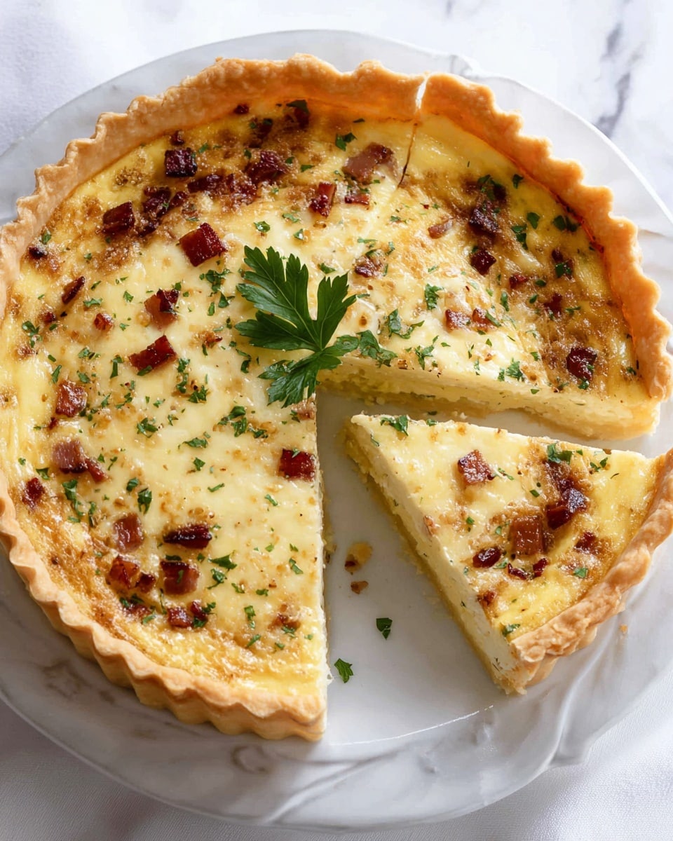 A round pie with a thick, light golden crust edges a creamy filling that is pale yellow with light pink pieces inside. The top layer is unevenly browned, showing melted cheese baked to a golden brown with darker spots. A slice is cut and pulled out slightly, showing a smooth inside with the same creamy yellow and pink mix. The pie rests on beige baking paper on a brown wooden surface. A knife with a green handle lies in the background. photo taken with an iphone --ar 4:5 --v 7