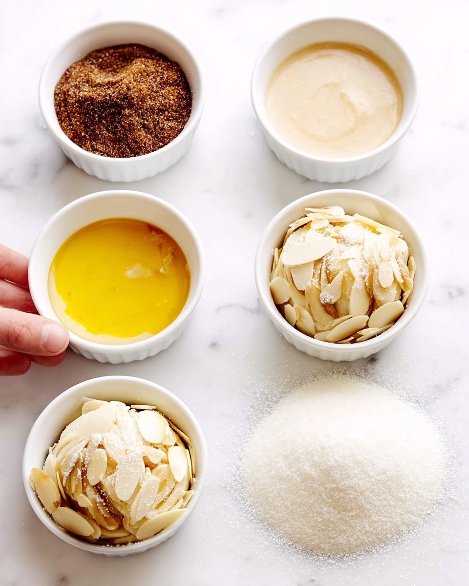 Five white ramekins arranged on a white marbled surface, each holding a different ingredient: top left holds a dark brown powder, top right contains a smooth light beige liquid, bottom left has a bright yellow melted substance, bottom center is filled with thin pale almond slices, and bottom right is a larger ramekin full of fine white granulated sugar, all evenly spaced in a loose cluster. photo taken with an iphone --ar 4:5 --v 7
