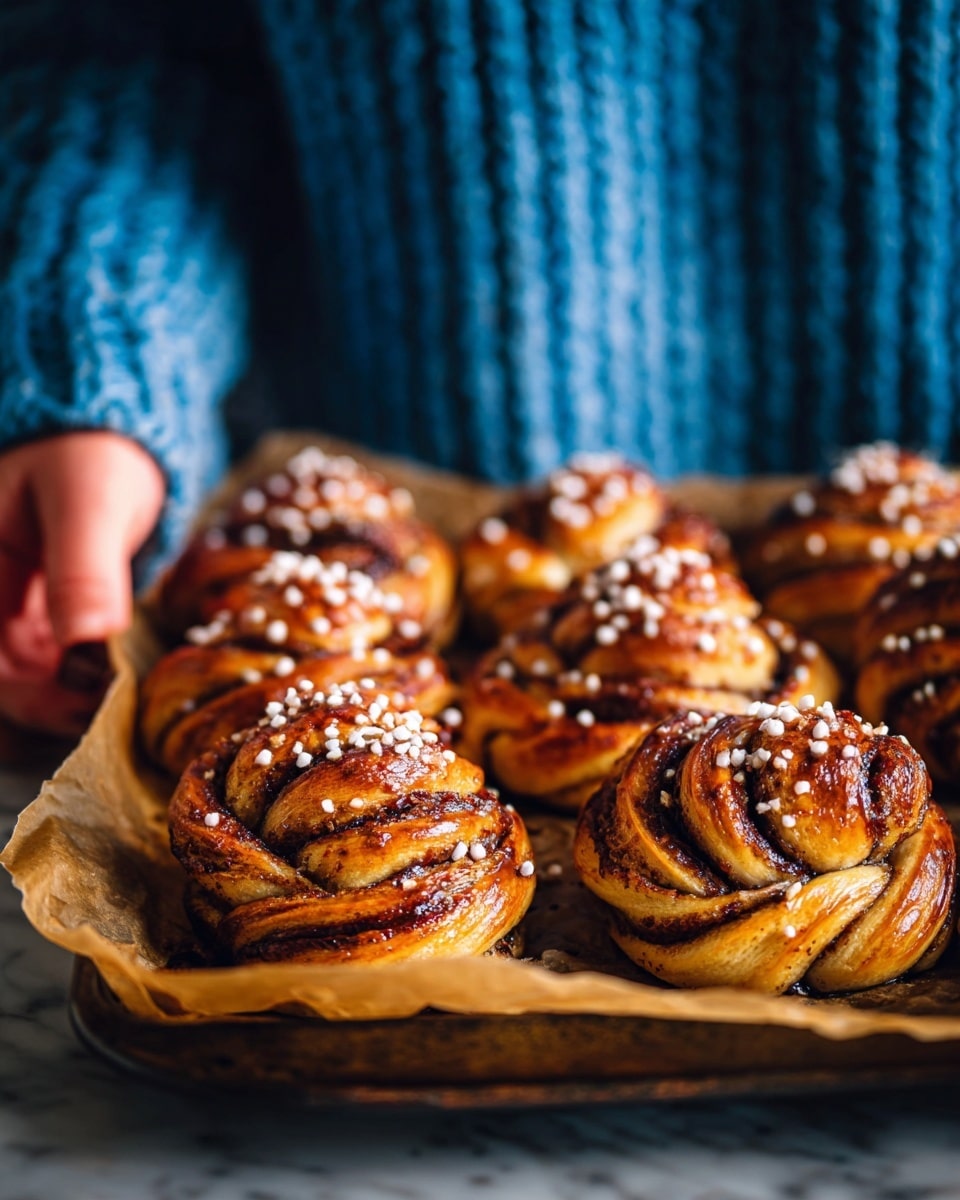 The image shows several twisted cinnamon buns on a baking sheet with a warm golden brown color. Each bun has multiple visible layers twisted together, showing a mix of shiny glazed dough and dark brown cinnamon filling inside. The tops of the buns are sprinkled with white coarse sugar crystals. The background is blurred but includes a person wearing a chunky blue sweater, with a woman's hand reaching from the left side holding the edge of the tray. The surface under the tray is a white marbled texture. photo taken with an iphone --ar 4:5 --v 7