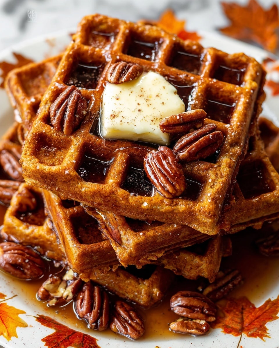 A close-up view shows a stack of four square waffles with a rich, golden-brown color and a crisp texture. Each waffle has deep square pockets filled with dark maple syrup that shines under the light. Scattered on and around the waffles are whole glossy pecans with a smooth texture and dark brown color. On the top waffle, there is a dollop of pale yellow melted butter, slightly soft and sprinkled with tiny specks of cinnamon or nutmeg. The waffles rest on a white plate decorated with brown and orange autumn leaves. The background is a white marbled surface. photo taken with an iphone --ar 4:5 --v 7