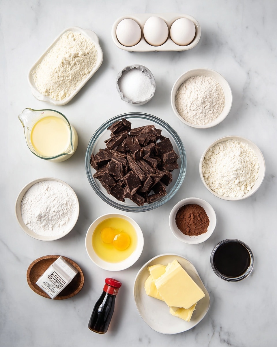 Top-down view of various baking ingredients arranged neatly on a white marbled surface: in the center, a clear glass bowl filled with large, dark chocolate chunks, surrounded by smaller white bowls containing different powders and liquids — powdered sugar, cocoa powder, flour, and melted yellow butter, alongside a small wooden bowl with white salt and a small white bowl of granulated sugar. There is one glass measuring cup with creamy light liquid, a rectangular white egg tray holding six white eggs, a wrapped stick of butter, a dark bottle with a red cap, a small white bowl of chocolate syrup or melted chocolate, and a smaller container of vanilla extract. The setup is tidy, well-lit, and all containers are white except the clear glass and the dark bottle. Photo taken with an iphone --ar 4:5 --v 7