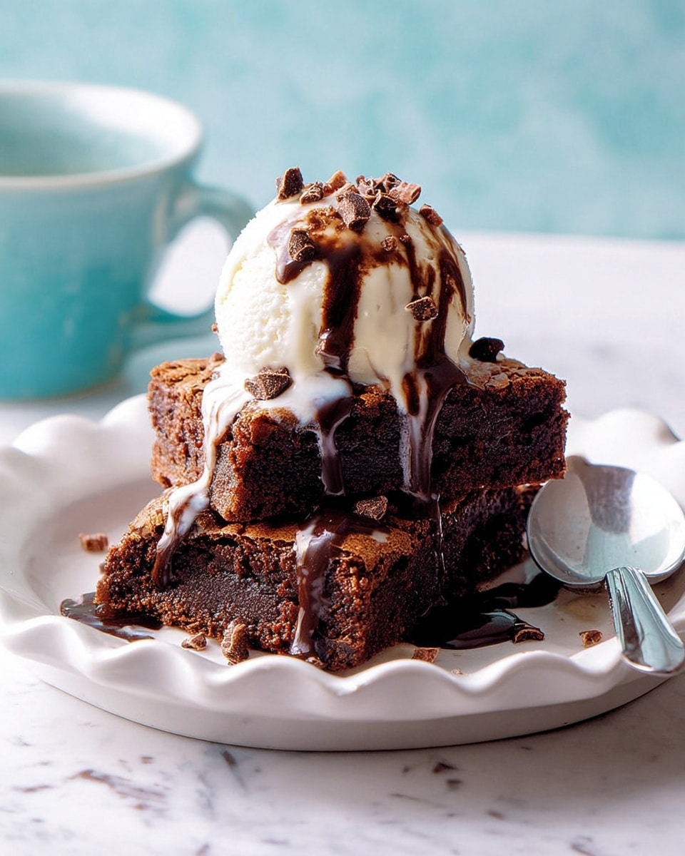Two pieces of rich brown brownies are stacked unevenly on a white plate with a scalloped edge. On top, there is a round scoop of creamy white ice cream with smooth texture. Dark chocolate sauce is dripping down from the ice cream onto the brownies, with some small chocolate shavings scattered over the sauce and ice cream. To the right side of the plate, a silver spoon lies on the white marbled surface. A blurred light blue cup is in the background. The photo taken with an iphone --ar 4:5 --v 7