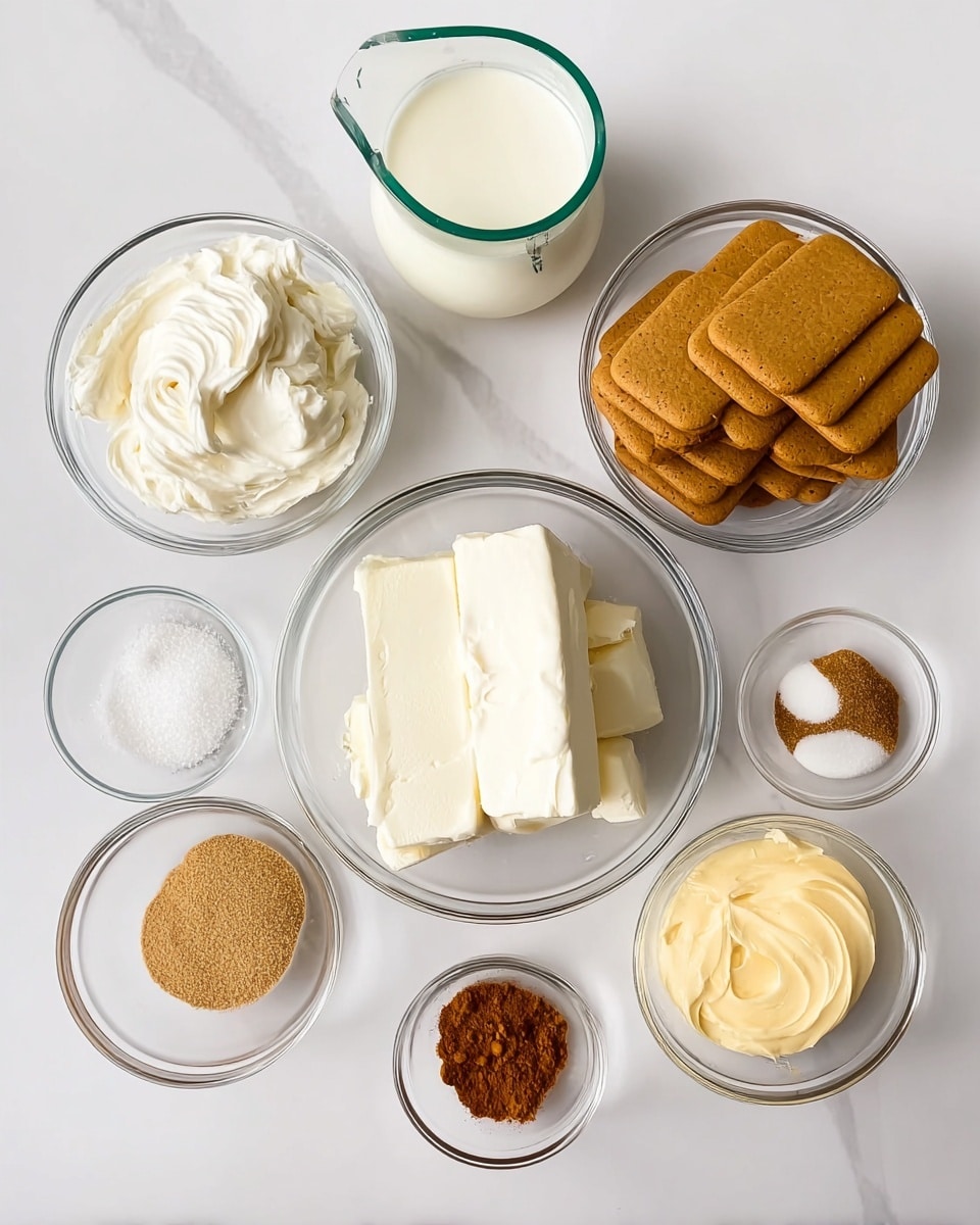 The image shows eight clear glass bowls placed on a white marbled surface, each holding a different ingredient. In the center, there's a large bowl with two blocks of smooth, creamy white cream cheese. To the top right, a bowl is filled with neatly stacked rectangular golden brown cookies. To the top left, a measuring cup holds white heavy cream with a green rim. Around these main bowls, smaller ones contain light brown soft butter, light to medium brown granulated sugar, fine white granulated sugar, a pale yellow creamy mixture, and two small piles of brown and reddish-brown spices in a bowl. The setup is neat and bright, showing all ingredients clearly for baking. photo taken with an iphone --ar 4:5 --v 7