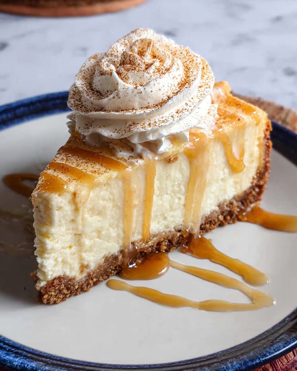 A slice of creamy cheesecake with three layers is shown on a white plate with a blue rim. The bottom layer is a brown crumbly crust, the middle layer is thick and pale yellow cheesecake with a smooth texture, and the top has a swirl of white whipped cream dusted with a light brown powder. A caramel sauce is lightly drizzled over the cheesecake and plate, creating shiny lines that catch the light. The background is a white marbled texture, and the photo shows part of a woman's hand holding the plate. photo taken with an iphone --ar 4:5 --v 7