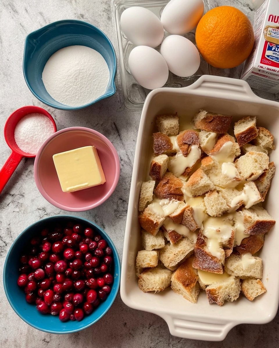 A white rectangular baking dish holds a layer of torn pieces of light brown crusty bread with soft cream-colored insides. Near the dish, there is a blue bowl filled with small, shiny red cranberries. A small pink bowl contains a square piece of pale yellow butter. A red measuring cup is full of white sugar and next to it is a carton of heavy whipping cream with a white cap and red label. Three white eggs lay near a white measuring cup filled with milk, and an orange sits on the white marbled surface in the corner. photo taken with an iphone --ar 4:5 --v 7