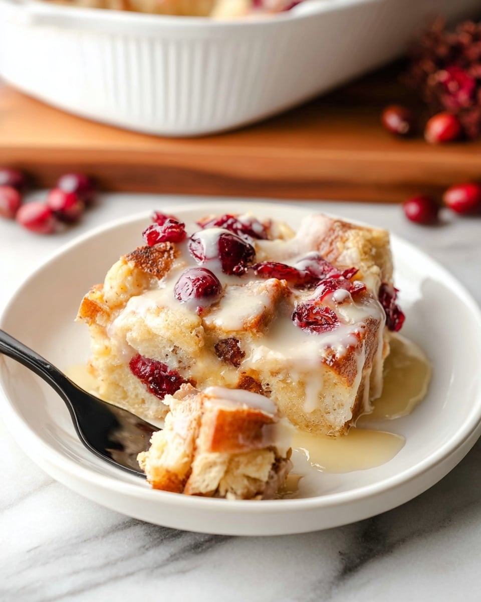 A thick square slice of bread pudding sits on a white plate, layered with soft, golden-brown bread chunks soaked in creamy sauce, bright red cranberries scattered throughout, and topped with a glossy white icing that drips slightly over the edges; a black fork holds a bite-sized piece in front of the plate, revealing the soft and moist texture inside, with a white casserole dish slightly out of focus in the background on a white marbled surface. photo taken with an iphone --ar 4:5 --v 7