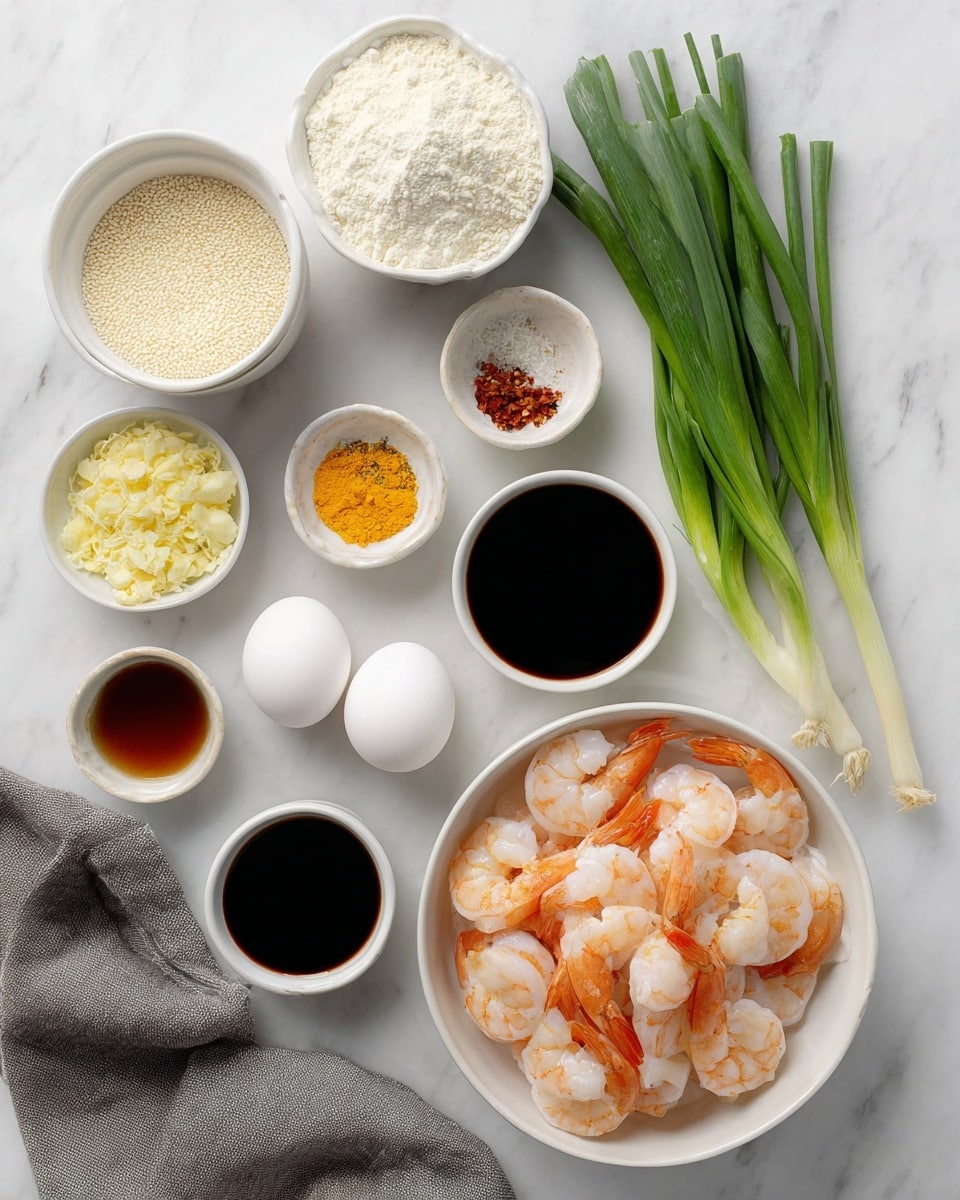 A white bowl on the bottom right is filled with peeled shrimp showing orange tails and light pinkish-white bodies. Above that, a bunch of bright green spring onions with white ends lies on the white marbled surface. To the left and above, there are small white bowls containing various ingredients: off-white flour, light yellow sesame seeds, chopped fresh light yellow garlic, red chili flakes, light yellow grated ginger, amber-colored liquid, dark brown soy sauce, a darker brown sauce, clear water, and off-white granulated powder. Two white eggs rest near the top left. A folded gray cloth is on the bottom left corner. The setting is clean and neat, with a white marbled background. photo taken with an iphone --ar 4:5 --v 7