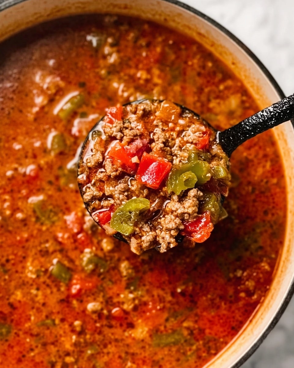 The image shows a close-up of a big white pot filled with thick soup made with small brown ground meat pieces, bright red tomato chunks, and green slices of peppers. The soup looks rich and slightly brothy, with visible bits of vegetables mixed throughout. A spoon lifts a scoop of the soup, showing a mix of meat, peppers, and tomato in the spoon, with steam rising slightly. The whole scene sits on a white marbled surface, giving a clean and simple feel. Photo taken with an iphone --ar 4:5 --v 7