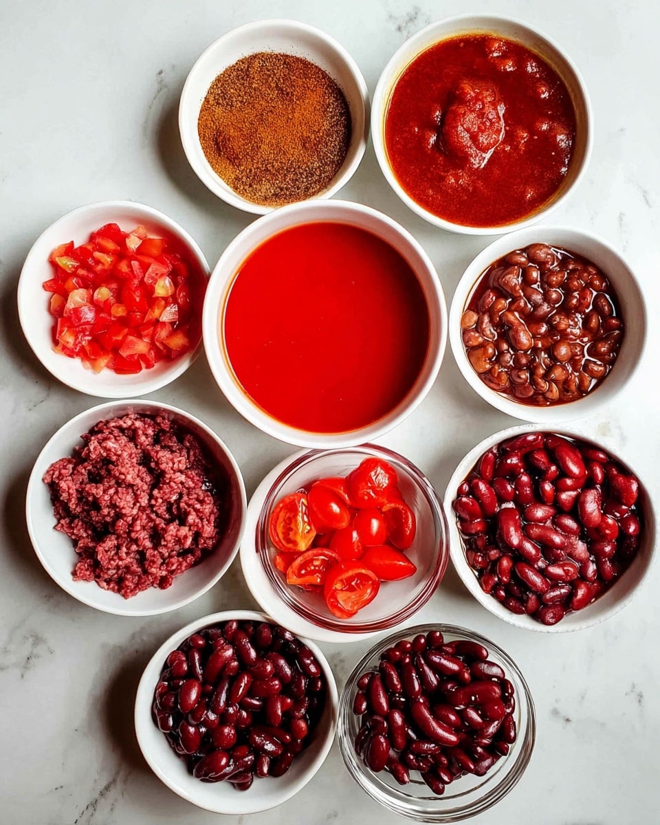 The image shows eight white bowls arranged in a circular pattern on a white marbled surface. The center bowl contains bright red liquid, likely tomato sauce. Surrounding it, starting from the top and moving clockwise: a bowl with ground brown spices, a bowl with chopped red tomatoes, a bowl with dark brown beans in sauce, a bowl with medium red beans, a clear glass bowl with raw ground meat mixed with dark beans, a bowl with sliced red tomatoes in red liquid, and a bowl with whole dark red kidney beans. The colors range from deep red, brown, and maroon with textures from smooth liquids to chunky beans and ground meat. photo taken with an iphone --ar 4:5 --v 7