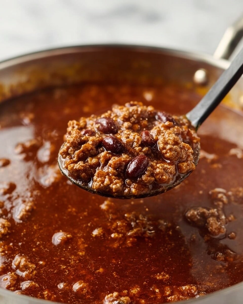 The image shows a close-up of a black spoon that holds a thick, brown chili mixture with visible ground meat and dark beans in a rich, reddish-brown sauce. The spoon is held above a pan filled with the same chili, which reflects a shiny surface. The background and surface are white marble. The textures are chunky and saucy, with the spoon centered and in focus. Photo taken with an iphone --ar 4:5 --v 7