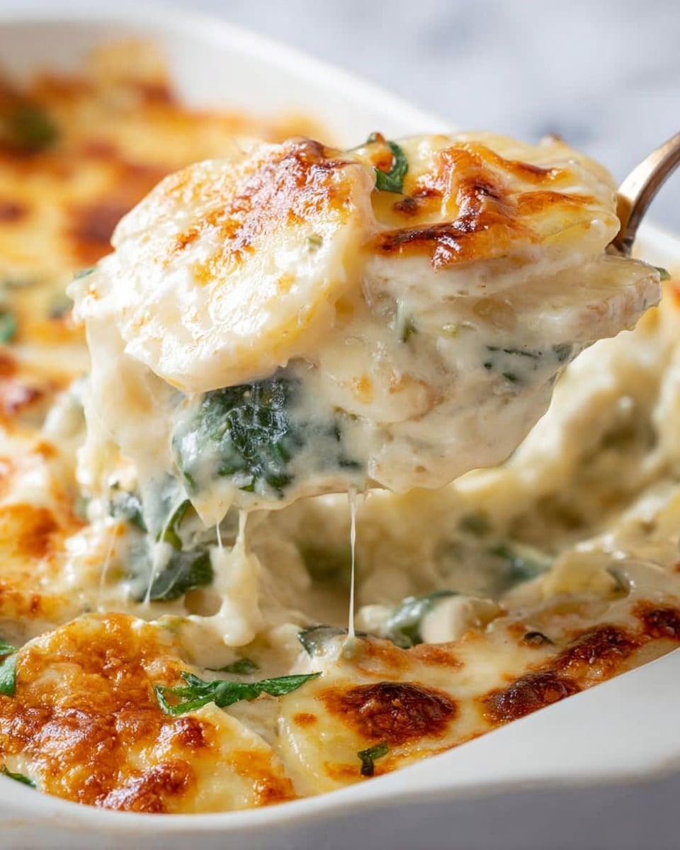 A close-up view shows a spoon lifting a thick, creamy scoop of scalloped potatoes from a white dish, revealing multiple layers of tender white potato slices covered in a light golden, bubbly cheese topping with melted white sauce dripping slightly. Green spinach or herb pieces are mixed within the creamy sauce, adding touches of fresh green color throughout. The dish’s cheese layer on top is browned to a soft golden color and bubbly, with a smooth, rich texture underneath. The dish is placed on a white marbled surface. Photo taken with an iphone --ar 4:5 --v 7