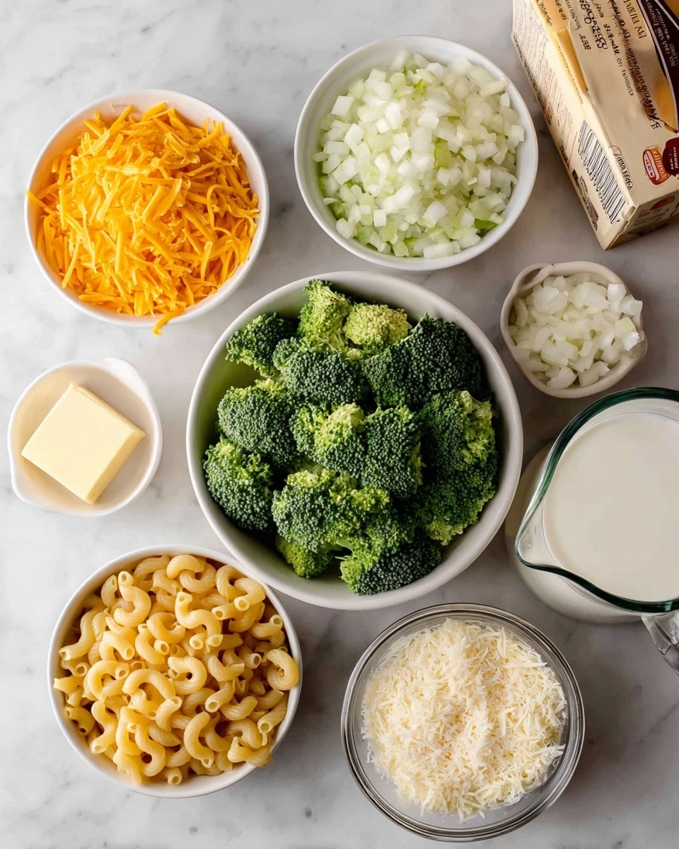 The image shows seven small white bowls and a glass measuring cup arranged on a white marbled surface. The largest bowl in the center holds fresh green broccoli florets with a rough texture. To its upper left, a bowl is filled with shredded bright orange cheddar cheese, thin and slightly curled. Above and to the right of the broccoli, there is a bowl with finely chopped white onions, small and translucent. Below the broccoli, a bowl contains uncooked elbow macaroni pasta, pale yellow with a smooth curved tube shape. To the right of the macaroni, a bowl of finely grated white Parmesan cheese with a powdery texture is present. On the left, two small bowls hold a solid pale yellow piece of butter and minced garlic, light cream in color with a slightly soft texture respectively. A glass measuring cup filled with white liquid, likely milk, sits to the right near the corner, beside a partially visible beige box of pasta. photo taken with an iphone --ar 4:5 --v 7