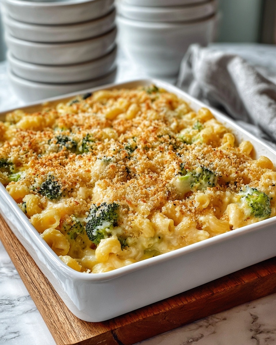 A white rectangular dish filled with baked macaroni and cheese mixed with small green broccoli pieces. The top layer is golden with a crunchy breadcrumb crust showing some browned spots. The creamy pasta underneath the crust looks soft and rich, with a light yellow cheese color. The dish sits on a wooden board over a white marbled surface. In the background, there is a stack of white bowls. photo taken with an iphone --ar 4:5 --v 7