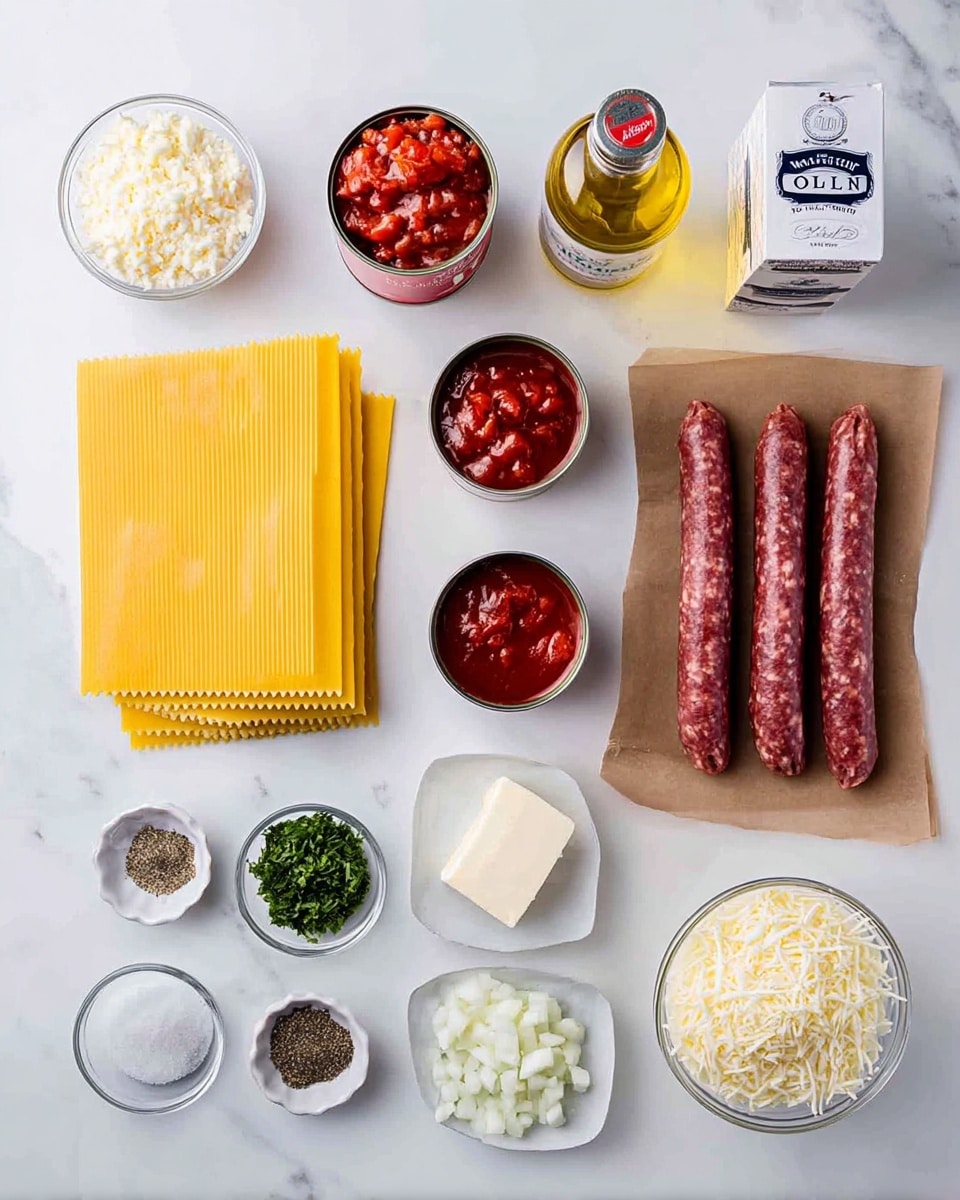The image shows various ingredients neatly arranged on a white marbled surface. In the center are uncooked lasagna sheets in a neat stack, light yellow with ridged edges. To the right, raw sausages sit on brown parchment paper, deep red with white fat bits. Around them are two cans of diced tomatoes with vibrant red contents, a carton of cream, and a glass bottle of golden olive oil. On the lower right, a small glass bowl holds chopped white onions, next to a small white dish with dried Italian seasoning. Three small bottles labeled black pepper, salt, and Italian seasoning stand in a row. On the lower left, two small glass bowls contain shredded mozzarella and grated Parmesan cheeses, with a small white dish of minced garlic and finely chopped fresh green herbs above them. A small open jar with deep red tomato paste is also visible. photo taken with an iphone --ar 4:5 --v 7