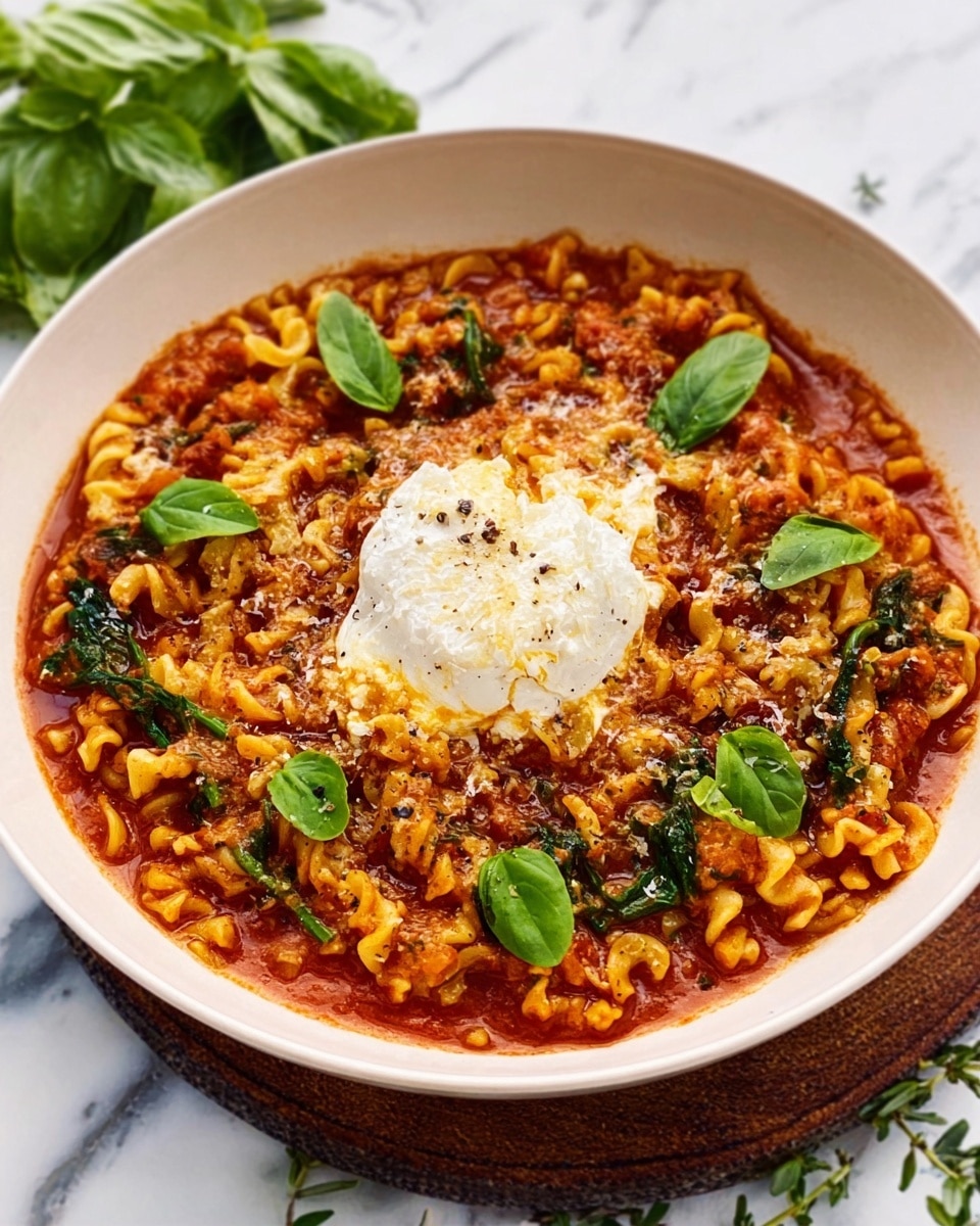 The dish shows a round white bowl filled with thick, curly pasta mixed in a rich red tomato sauce with visible green spinach leaves. On top of the pasta, there is a large dollop of creamy white cheese in the center, slightly melting into the sauce. Around the cheese, small bright green basil leaves add freshness and color contrast. The bowl sits on a white marbled surface with some green herbs scattered nearby. The photo taken with an iphone --ar 4:5 --v 7