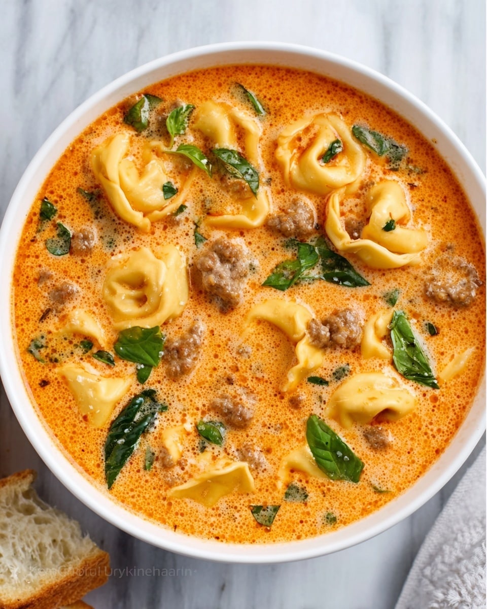 The image shows a white bowl filled with creamy soup containing several round pasta shapes partially submerged in a thick, light orange broth. Floating throughout the soup are small pieces of green herbs and tiny bits of red, adding color contrast. The broth looks smooth with a slightly marinara and cream mix texture. The bowl is placed on a white marbled surface, and the edges of the bowl have a gentle scalloped design. photo taken with an iphone --ar 4:5 --v 7