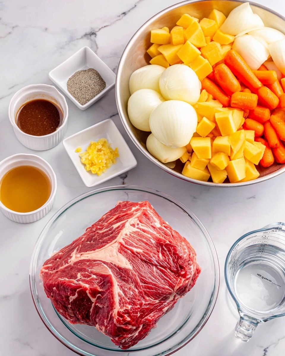 The image shows a clear glass plate on a white marbled surface holding a large piece of raw red meat with white fat marbled through it, positioned slightly off center. Above it, a large silver bowl holds three separate groups: bright orange carrot slices, chunky yellow potato pieces, and large white onion quarters. To the left of the plate, there are three small white containers: one with a thick dark brown sauce, one with a grayish powder mixed with crushed yellow bits, and one small square dish holding a dollop of yellow minced garlic. In the foreground at the bottom right, there is a clear measuring cup with water inside. Photo taken with an iphone --ar 4:5 --v 7