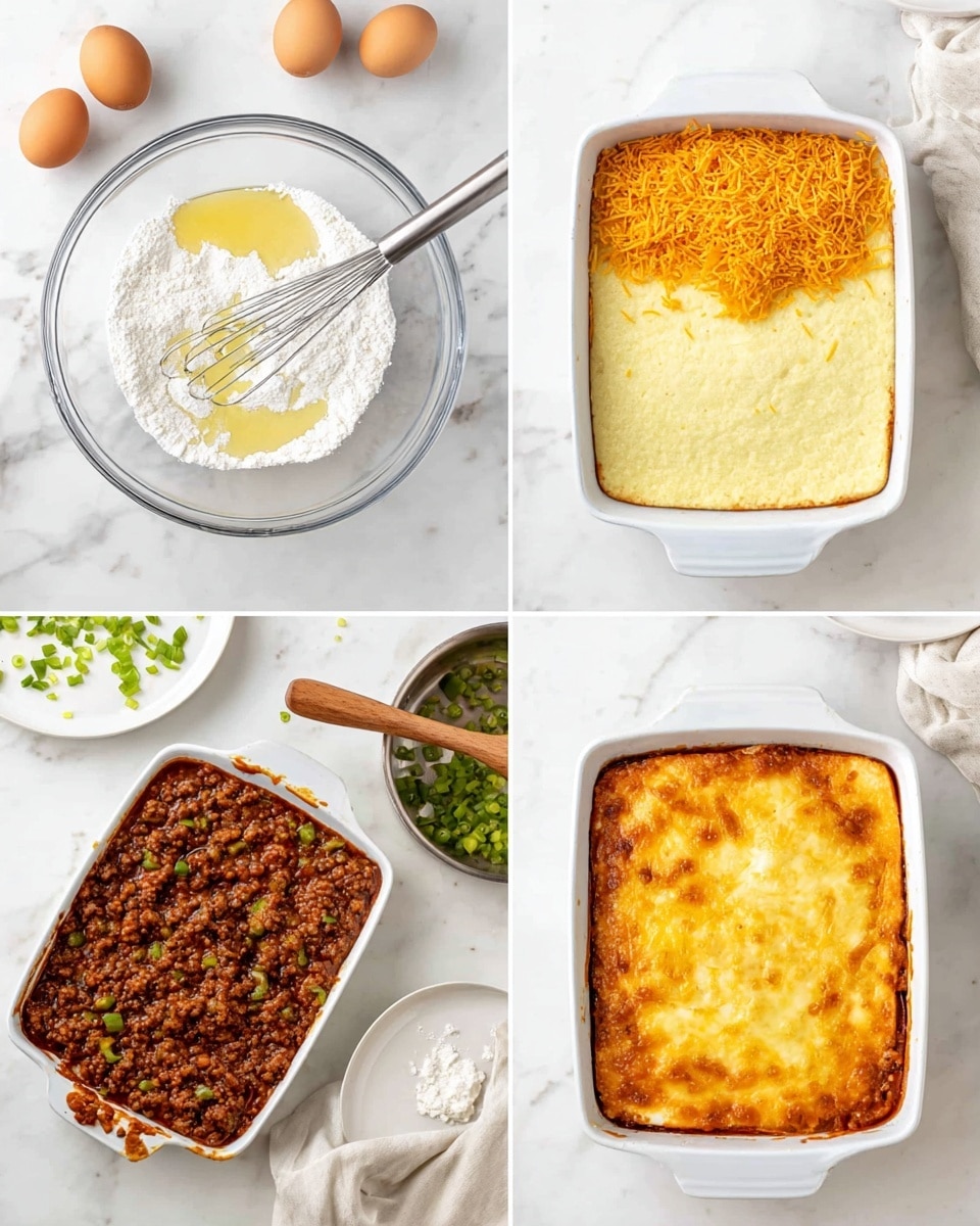 The image shows a four-step collage of making a layered baked dish. The first section features a clear bowl with flour, an egg, and milk combined, with a metal whisk resting inside the bowl, all placed on a white marbled surface with egg shells beside it. The next shows the same bowl now with orange shredded cheese on one side and creamy batter on the other, accompanied by a small pot of cooked ground meat with green peppers and a wooden spoon on the white marbled surface. The third section displays a white baking dish filled with a chunky cooked meat sauce containing visible green bell pepper pieces, resting on a white marbled surface with chopped green bell pepper scattered nearby. The last section reveals the white baking dish, now covered with a thick, melted, bubbly golden cheese layer, surrounded by white plates and a wooden spoon on the white marbled background. Photo taken with an iphone --ar 4:5 --v 7