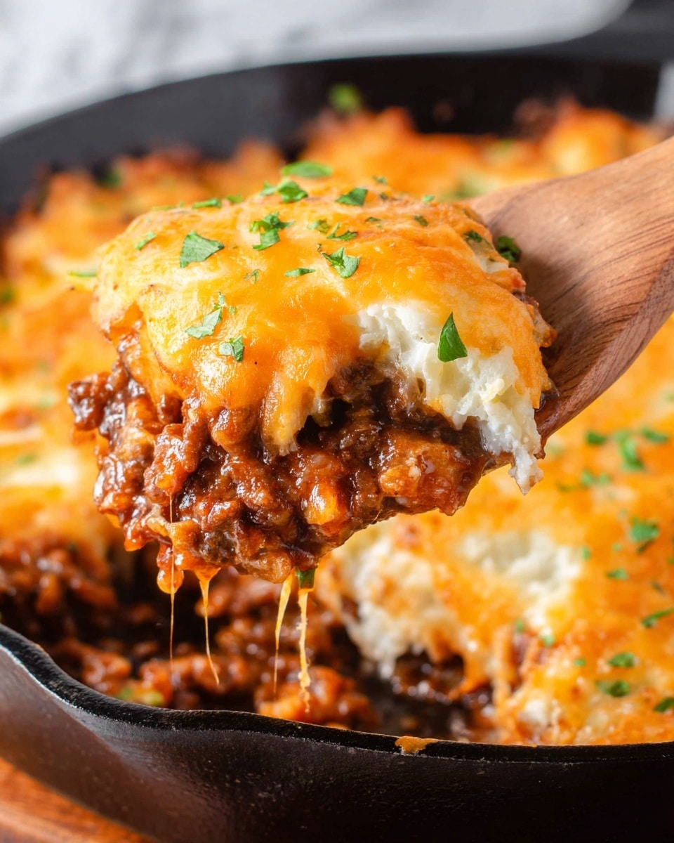 A wooden spoon holds a scoop of a layered dish that has a thick, dark brown base layer of cooked meat mixed with sauce. Above this is a bright orange, melted cheese topping that looks soft and slightly bubbly, sprinkled with small green herb pieces. The dish is in a black skillet visible in the background, with more of the same layers covering the surface. The surface under the skillet is a white marbled texture. The photo taken with an iphone --ar 4:5 --v 7